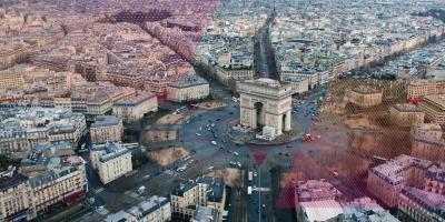 Aerial of intersection in Paris with navy and pink diagonal texture overlays